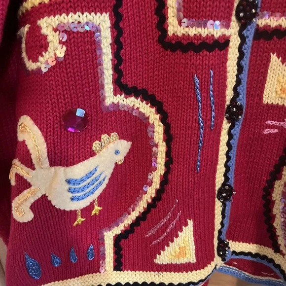 Vintage Storybook Knits Sweater Mola Festival HSN Chickens Size Large Womens Red - Picture 6 of 9